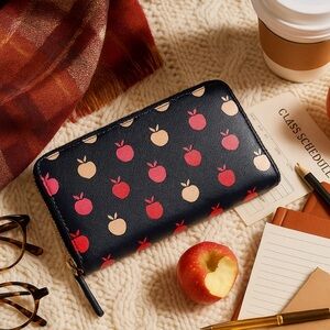 Kate Spade New York Navy Apple Print Zip Around Continental Wallet NWT